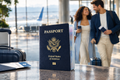 U.S. Passport with Travel Couple Airport Background