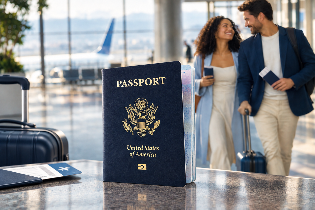 U.S. Passport with Travel Couple Airport Background